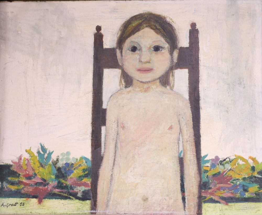 Alistair Grant (1925-1997), oil on board, Child on a chair, signed and dated 53, 40 x 50cm